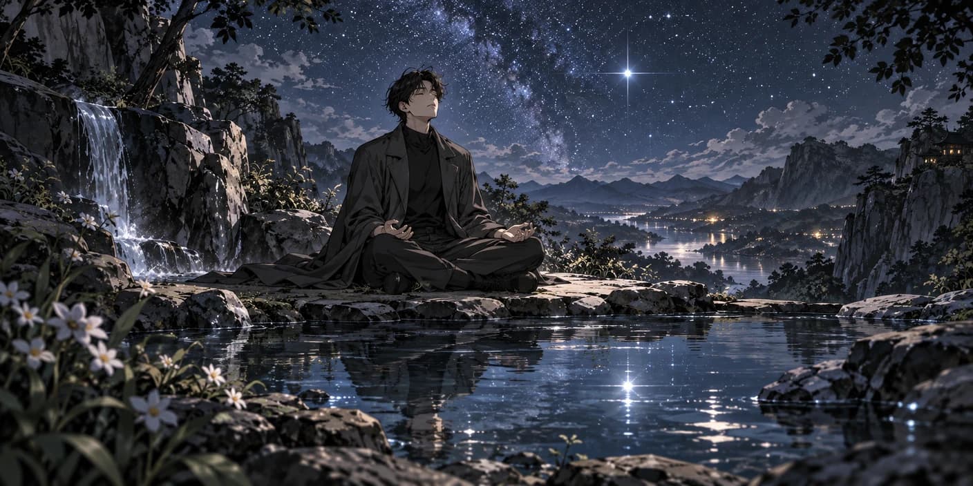 男子坐在夜晚池邊閉眼休息，遠方有瀑布，頭頂是明亮星光與銀河。