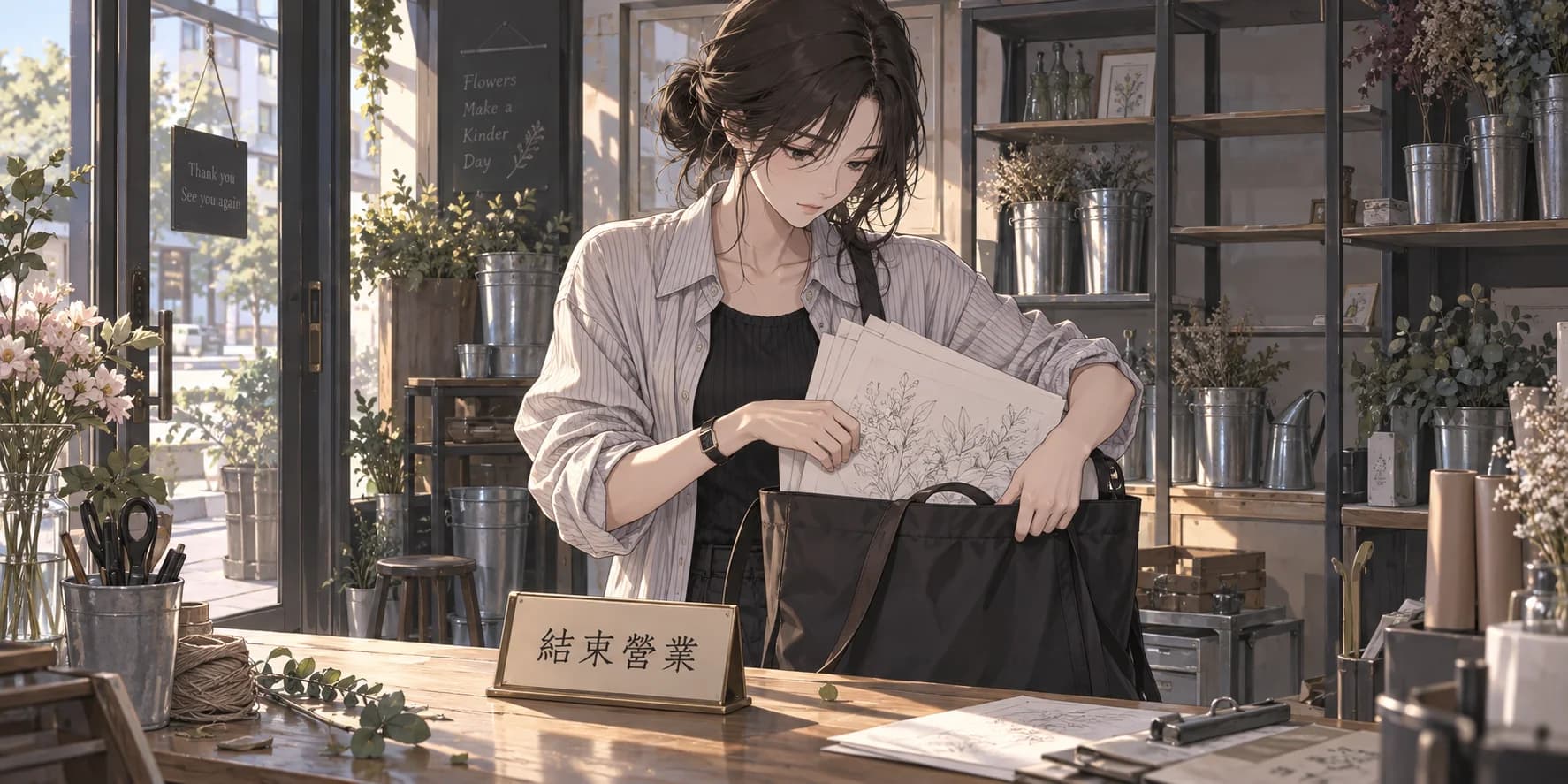 花店裡,女子把花草草圖收進袋子,前方放著「結束營業」的小告示,後方陳列架部分空著。