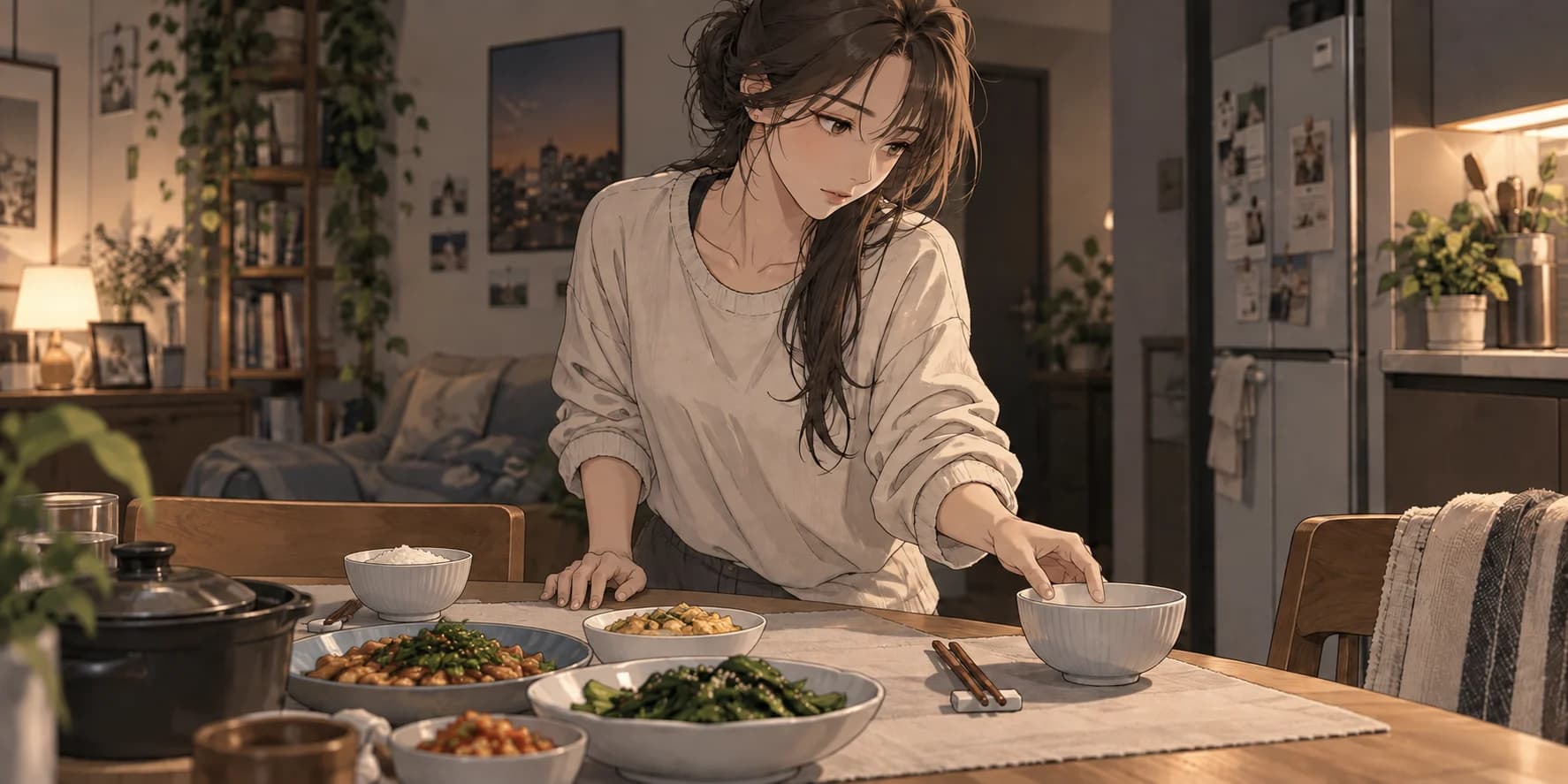 女性站在晚餐桌旁,手停在正要多擺的一只空碗上,桌上已有一碗飯與餐具。