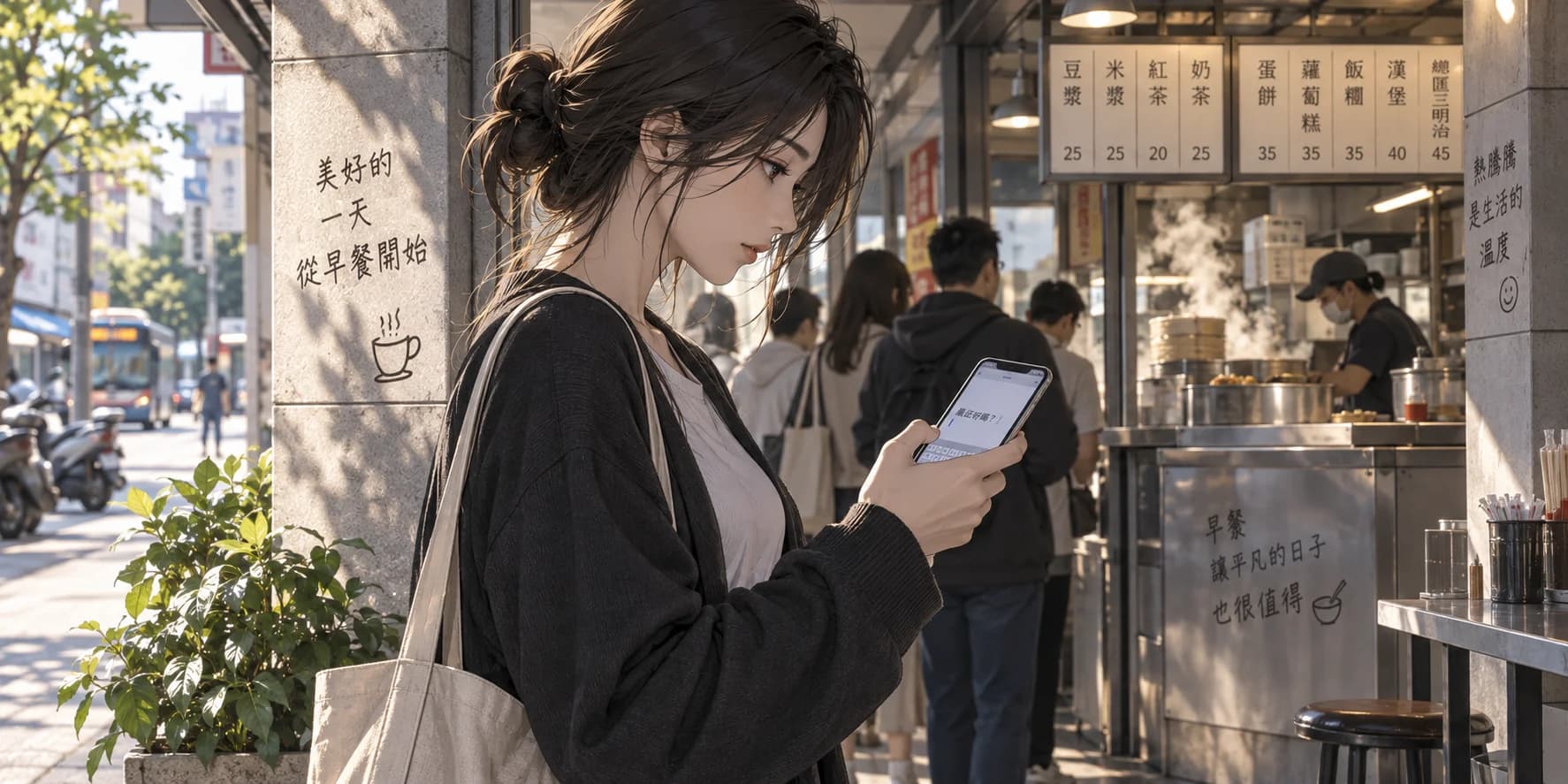 早餐店騎樓旁,女子看著手機上輸入中的「最近好嗎?」,手指停在螢幕邊。