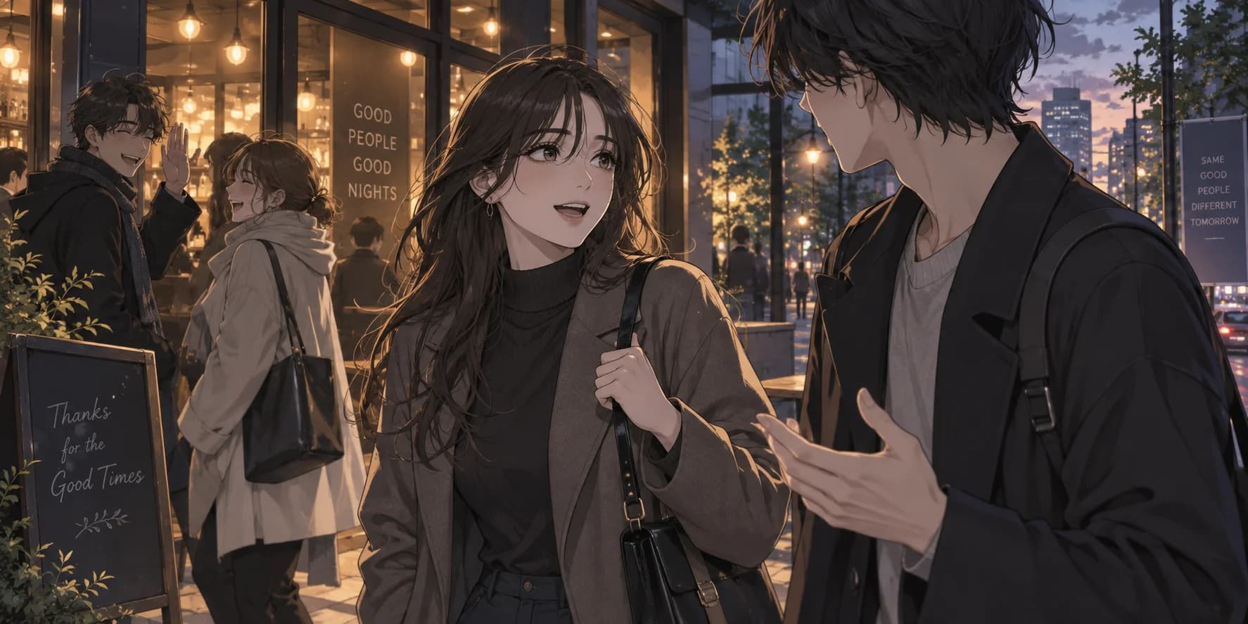女子與一名男子站在店外交談,後方的朋友正在揮手道別。