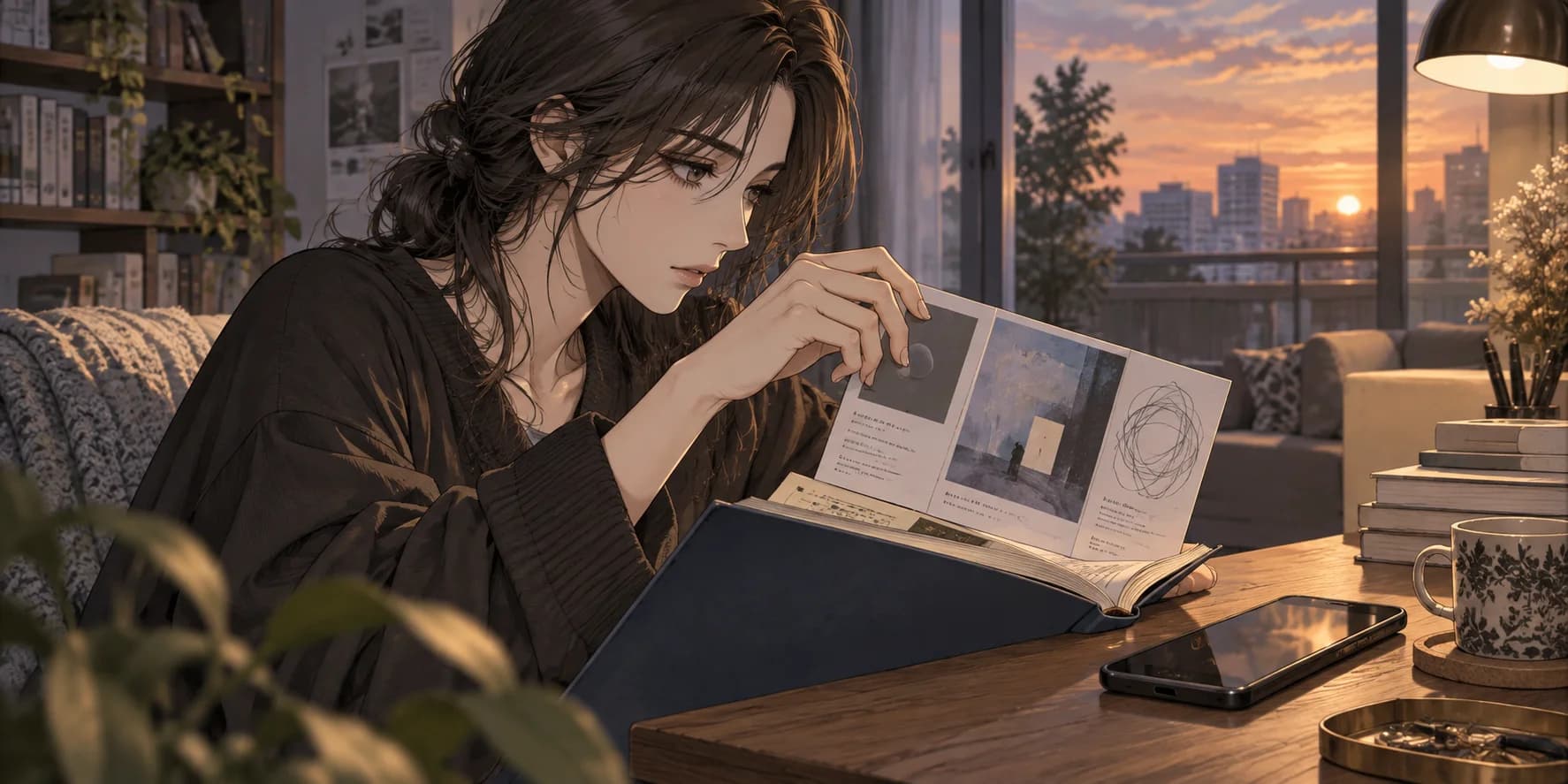 女子從攤開的書中拿起三折展覽摺頁,手機放在旁邊桌上。
