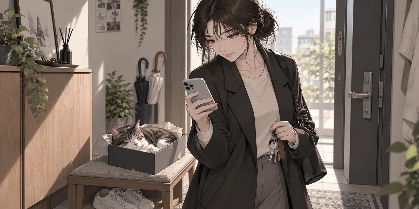 玄關裡,女子拿著手機和鑰匙停下,一隻貓自在窩在穿鞋凳上的敞口鞋盒中。