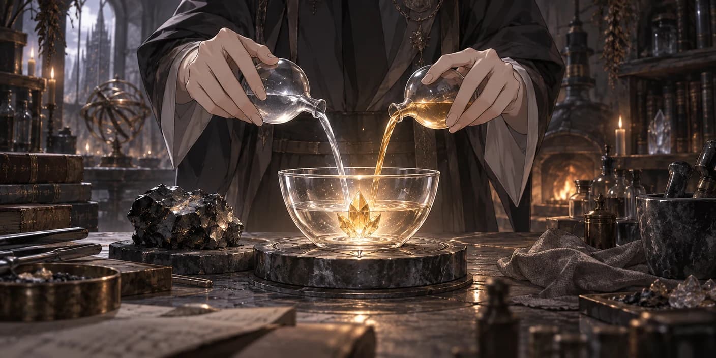 一雙手把透明與金色液體倒入玻璃容器,容器中央有發光晶體,呈現幻想式的煉金場景。