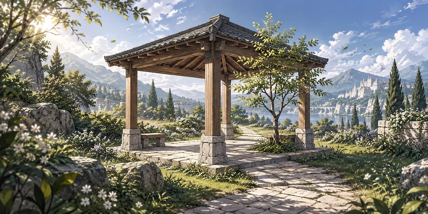四根木柱支撐著庭園中的涼亭,植物環繞石階
