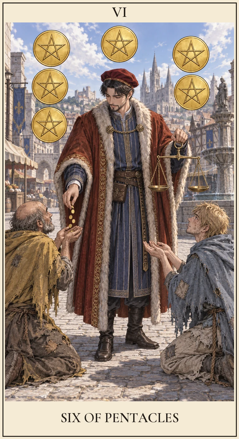 錢幣六:中央人物一手持秤,另一手將錢幣給向左側的人;右側的人仍伸手等待