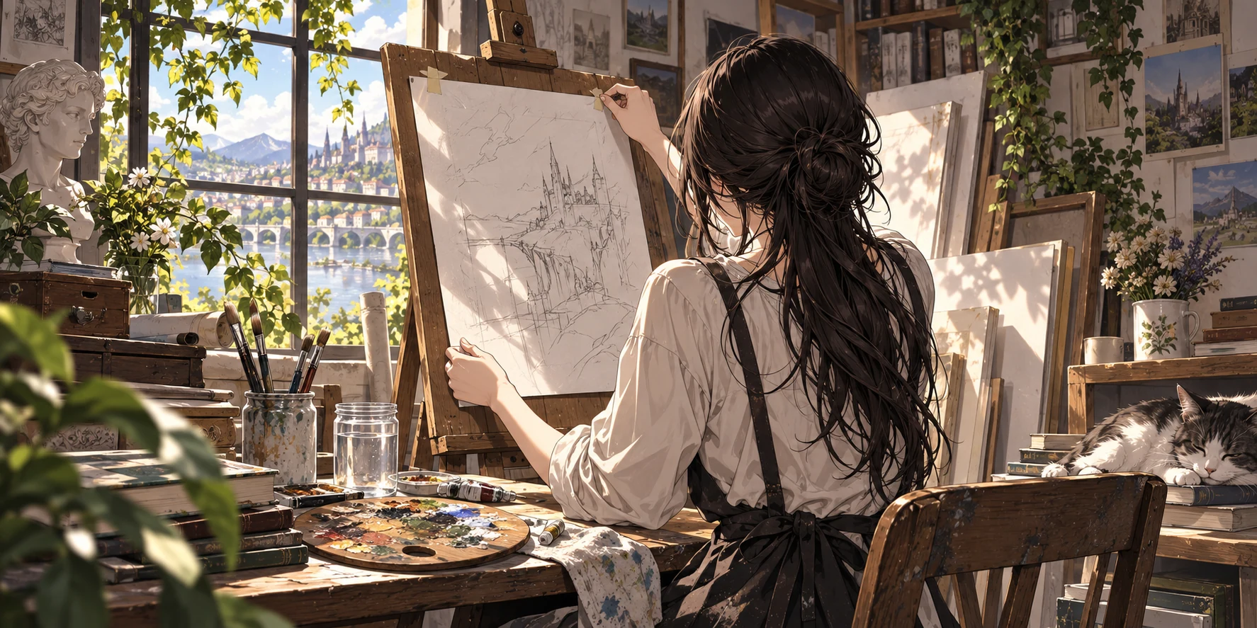 創作者將未完成的草稿固定在畫架上,旁邊放著畫筆、調色盤與水杯。