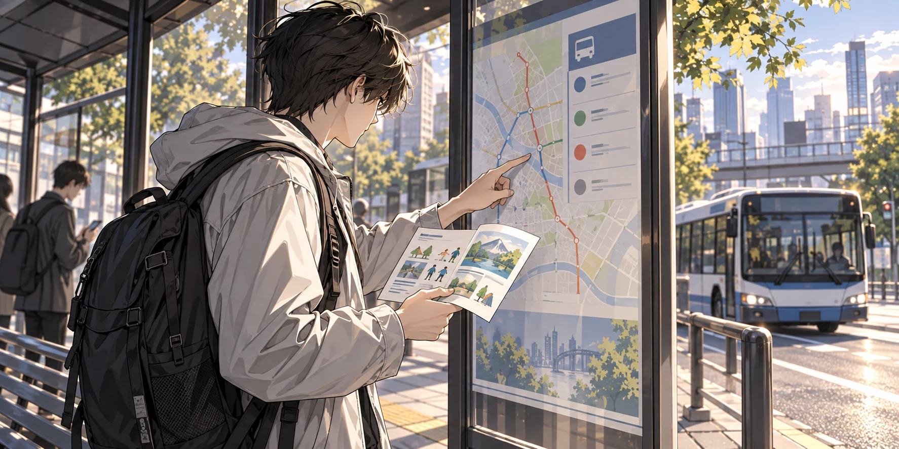 公車站旁,一人拿著活動資料,對照候車亭看板上的路線圖。