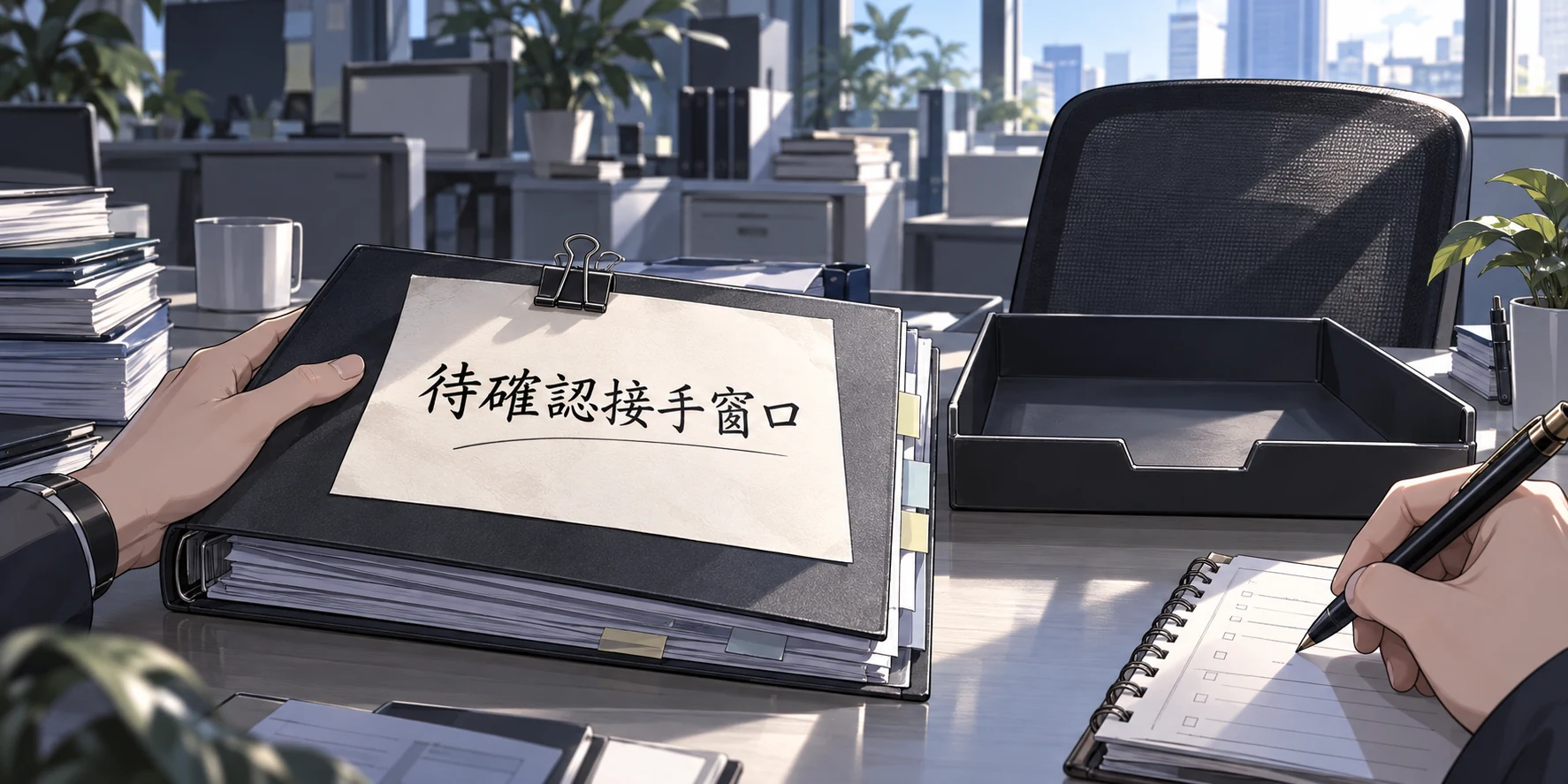 空文件盤旁,一隻手扶著資料夾,上方紙頁寫著「待確認接手窗口」,另一隻手在筆記本旁持筆。