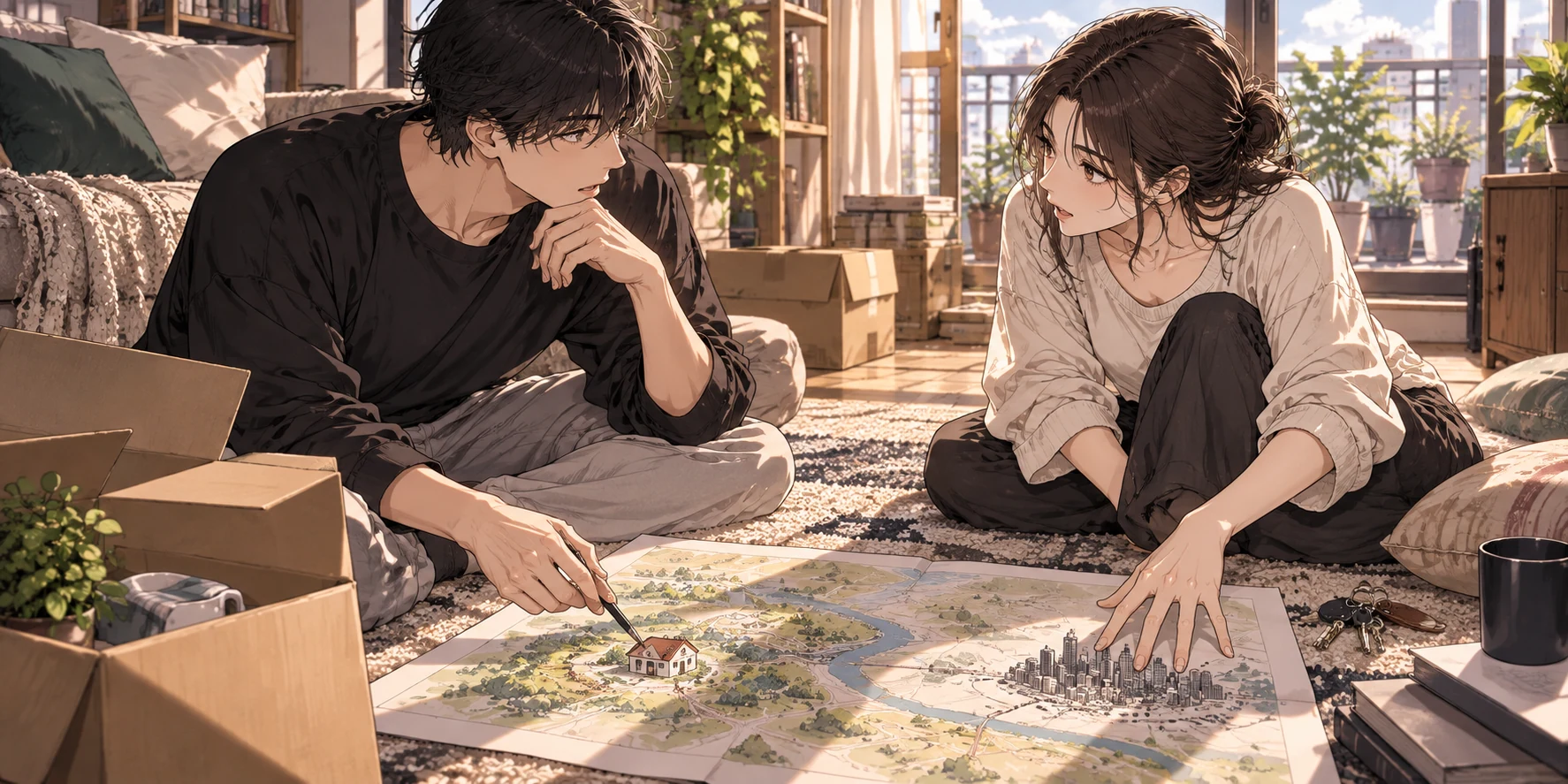 兩人坐在地毯上,示意地圖一側是綠地小屋、另一側是城市高樓,兩人各指一邊交談,一旁放著敞開紙箱與鑰匙。
