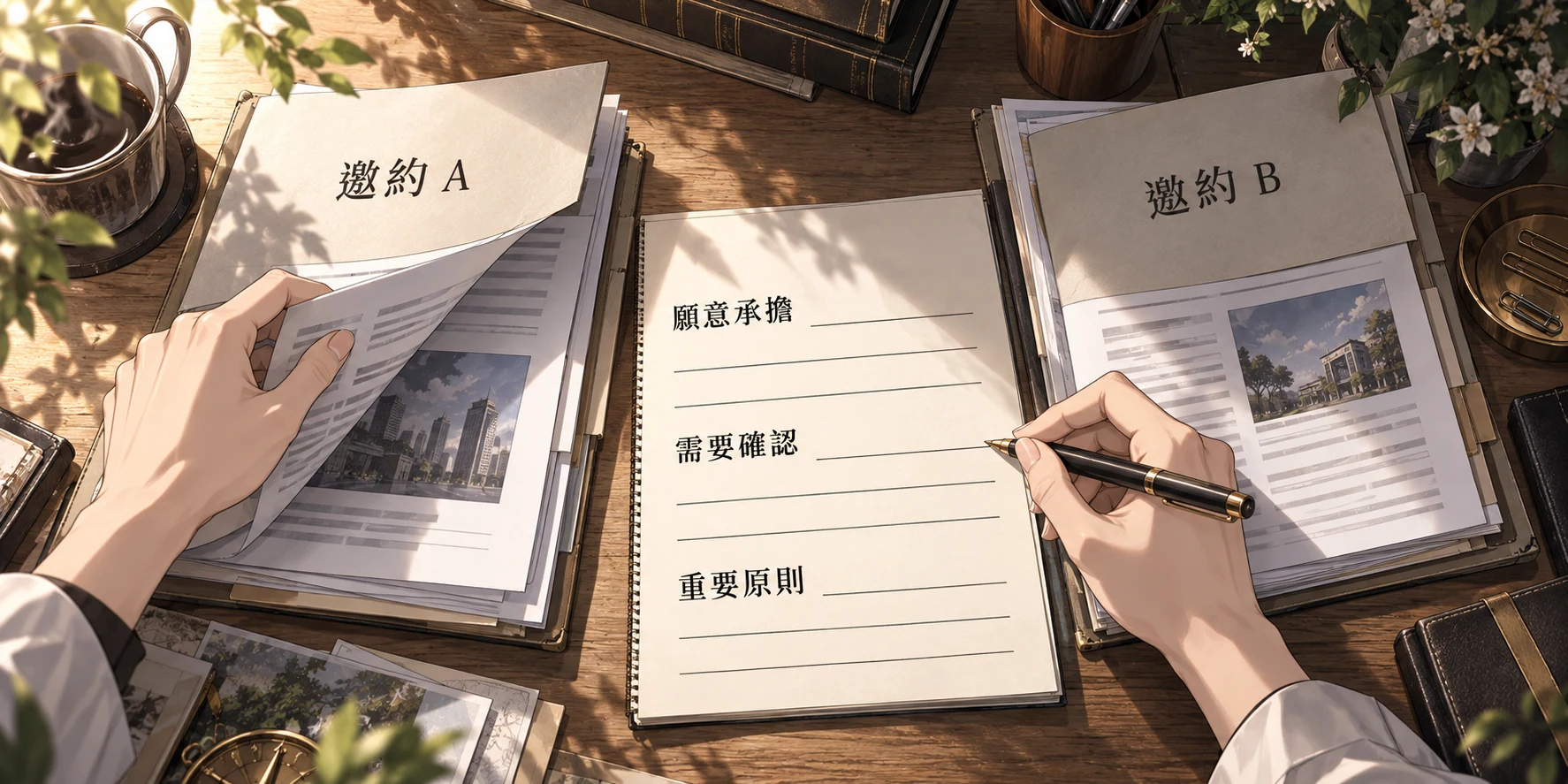兩份標示「邀約 A」與「邀約 B」的資料旁,筆記列出「願意承擔」「需要確認」「重要原則」。