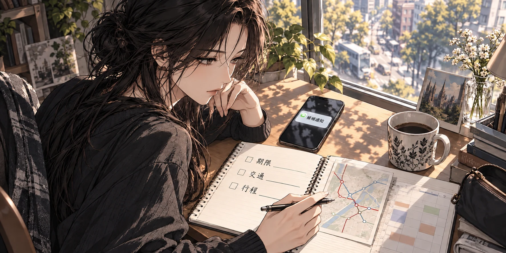一個人收到候補通知,在書桌前核對期限、交通與原有行程。
