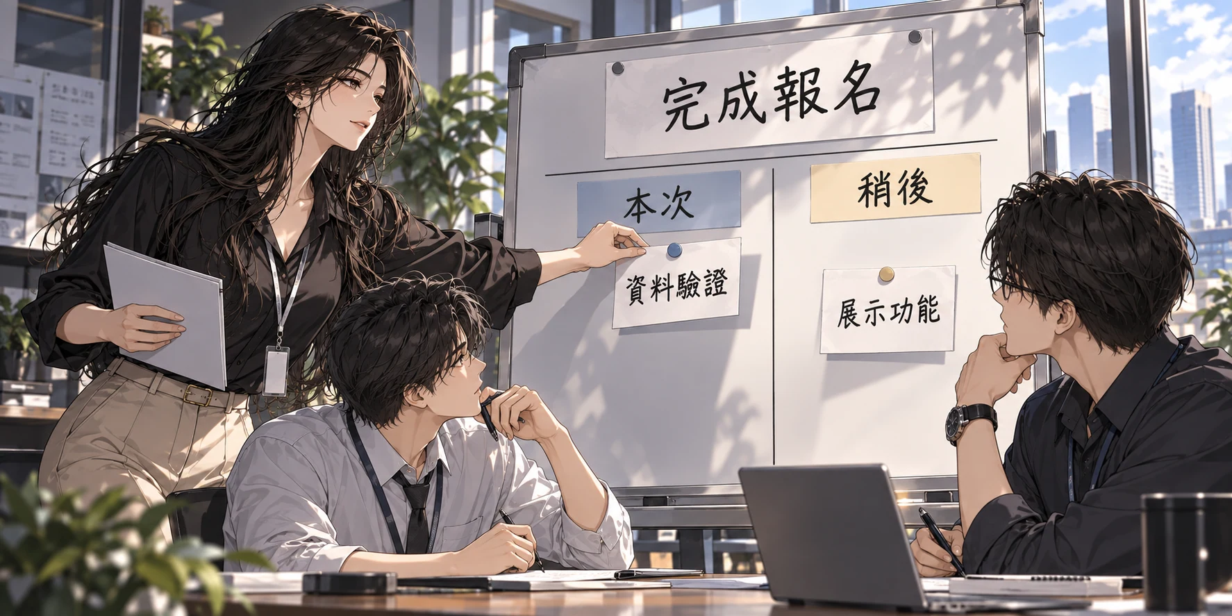 三位同事在決策板前確認共同目標,把資料驗證列為本次工作、展示功能移到稍後。