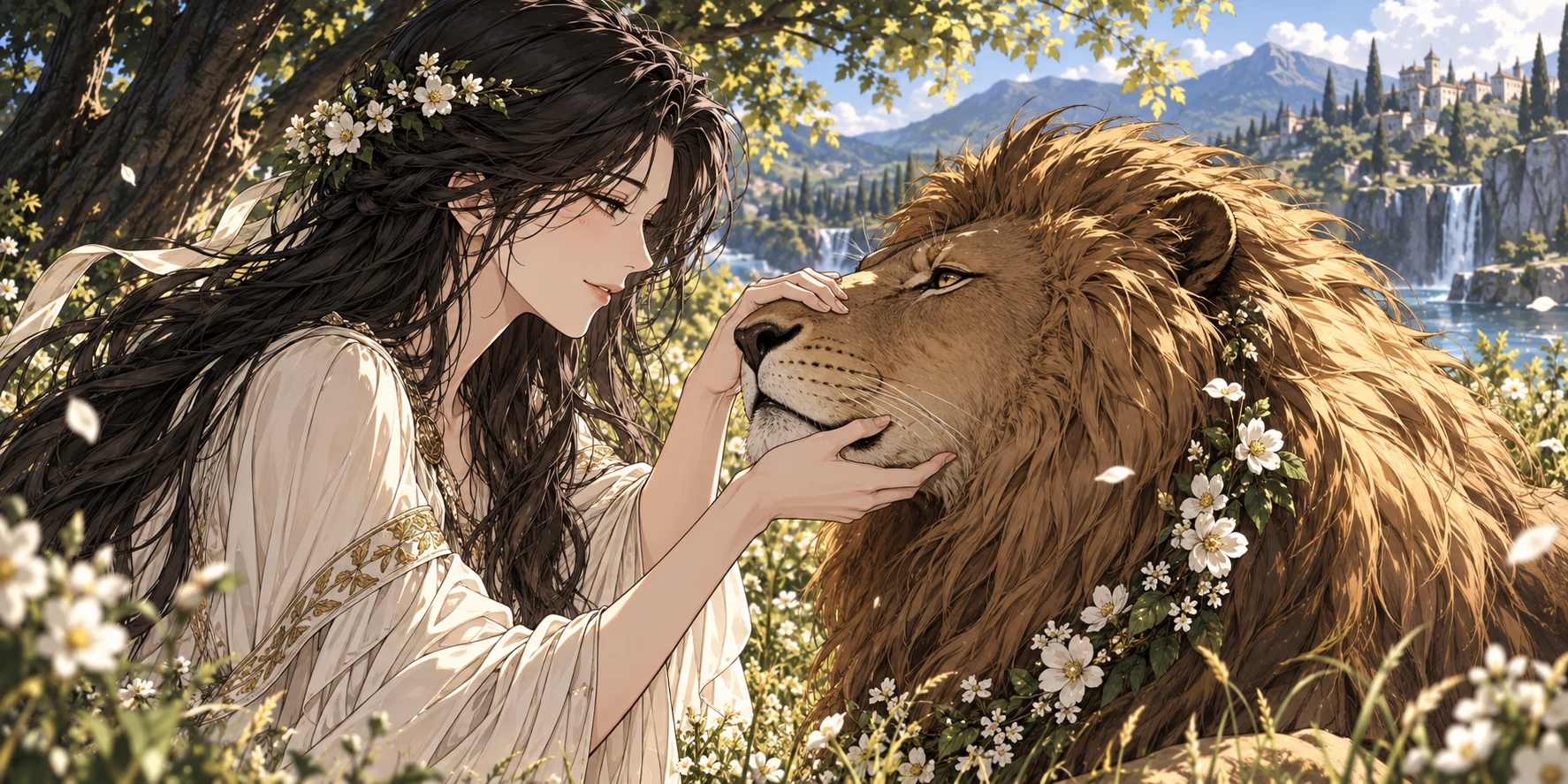 女子一手托住獅子下顎,一手輕撫獅頭,獅頸旁垂著花鏈。