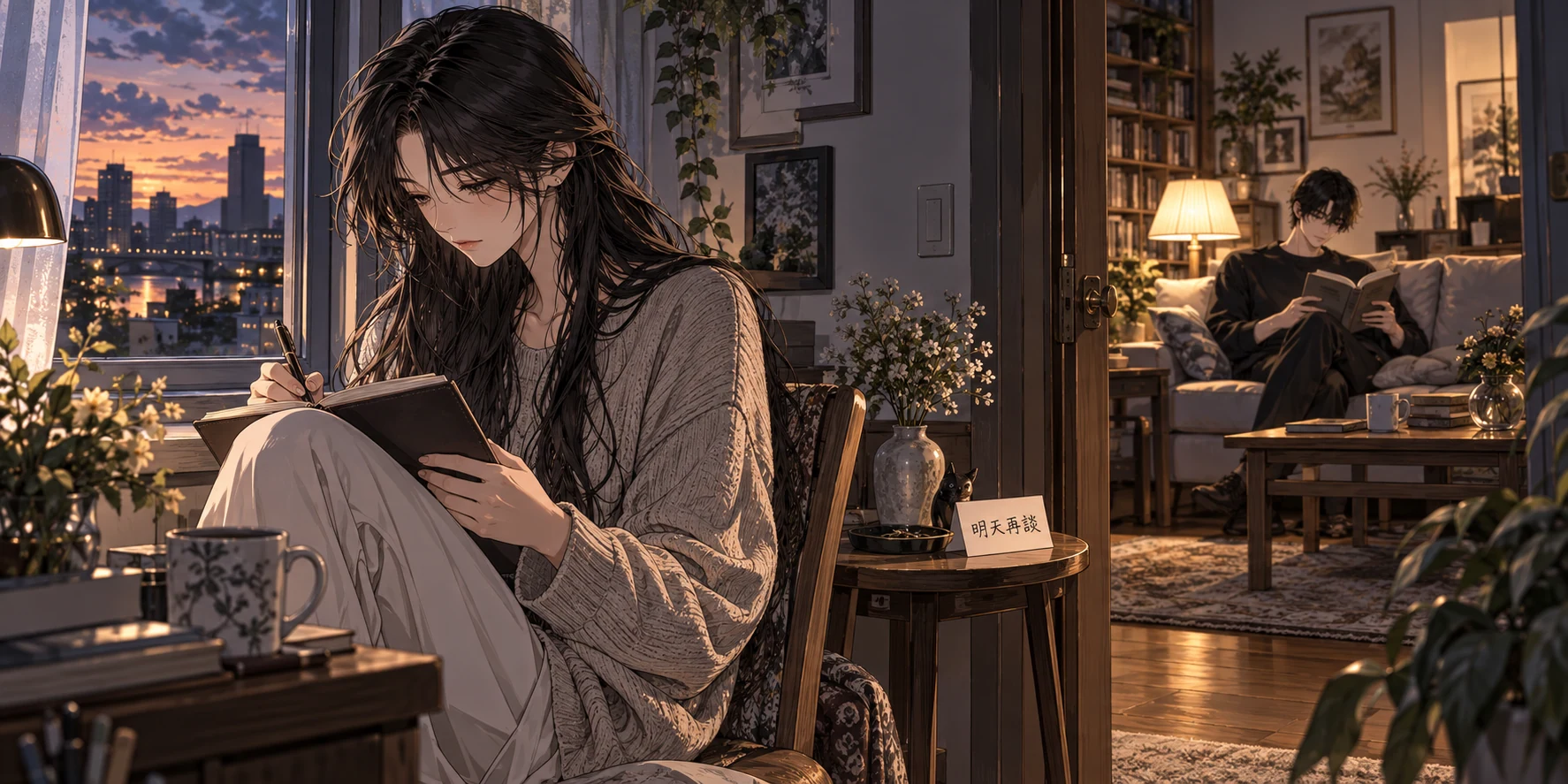一人在窗邊寫筆記,開門另一側有人看書,邊桌便條寫著「明天再談」。