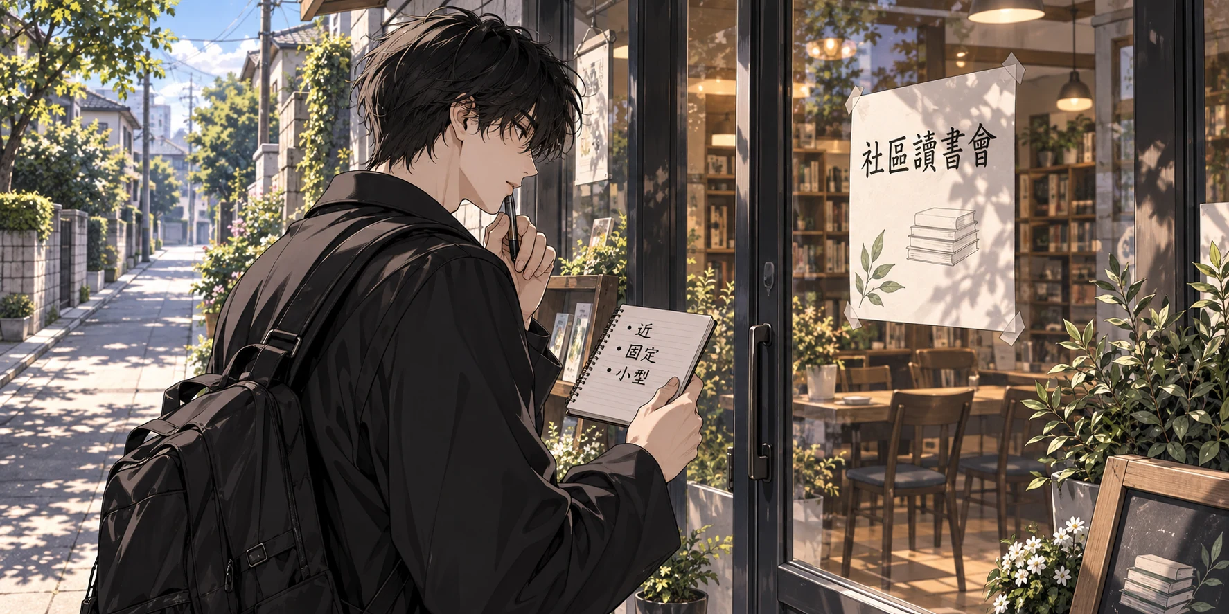 一人站在社區書店門前看「社區讀書會」公告,手上的筆記列著「近、固定、小型」。