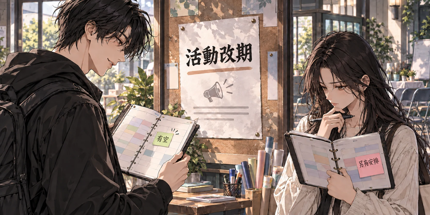 兩人在活動改期公告前查看日程,一人的頁上寫著「有空」,另一人寫著「另有安排」。