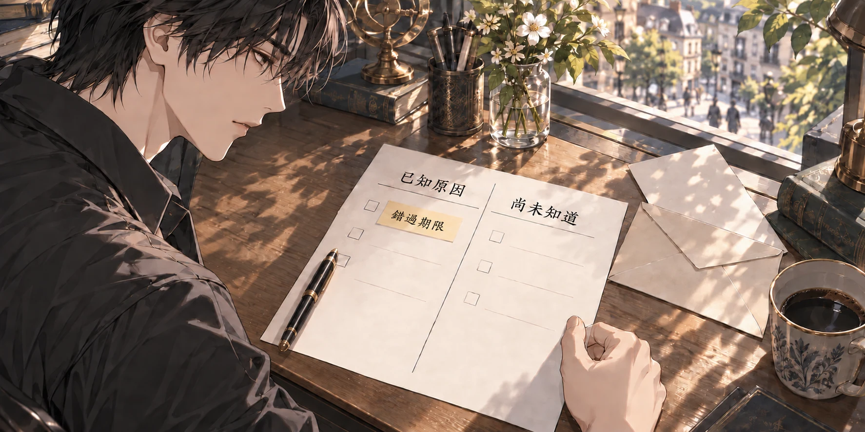 一人低頭查看分為「已知原因」「尚未知道」兩欄的紙,左欄貼著「錯過期限」,右欄留白,鋼筆放在紙張左緣。