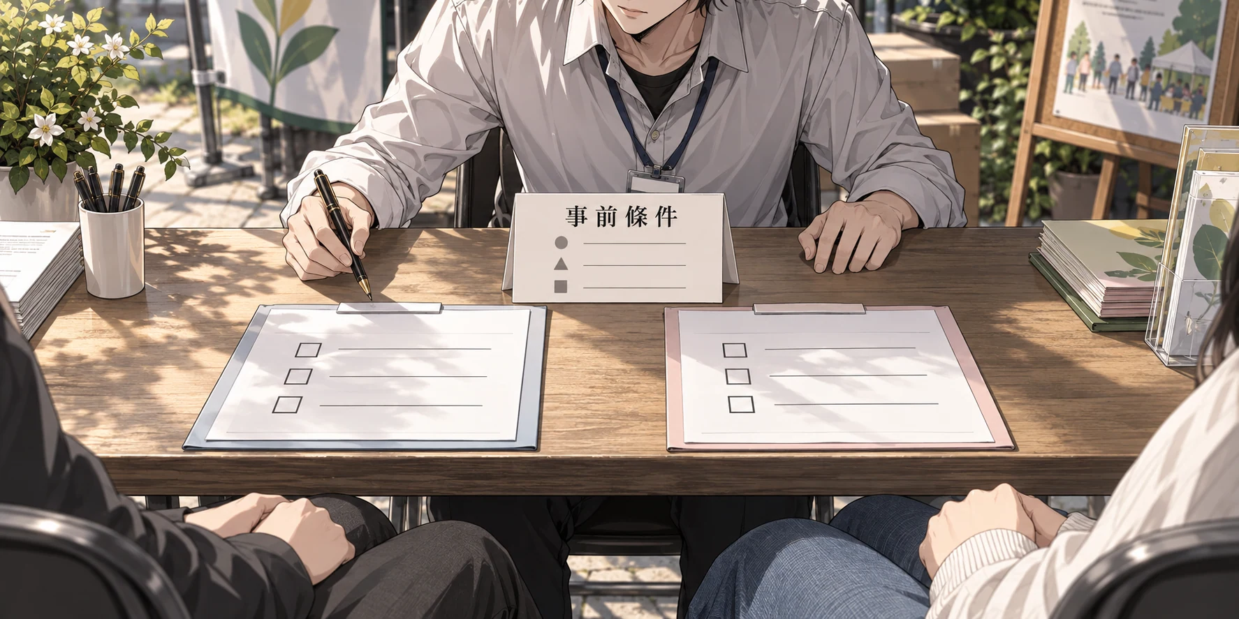 桌上並排兩份帶有空核取格的資料,中間桌牌寫著「事前條件」,一人持筆查看。