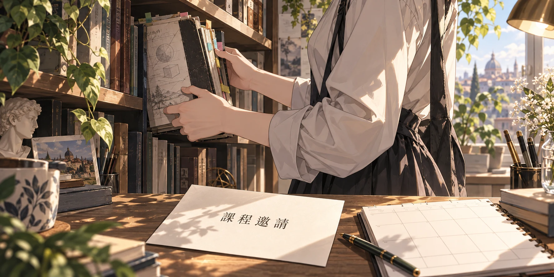 一位學習者從書櫃抽出舊筆記,前景放著「課程邀請」與行事曆。