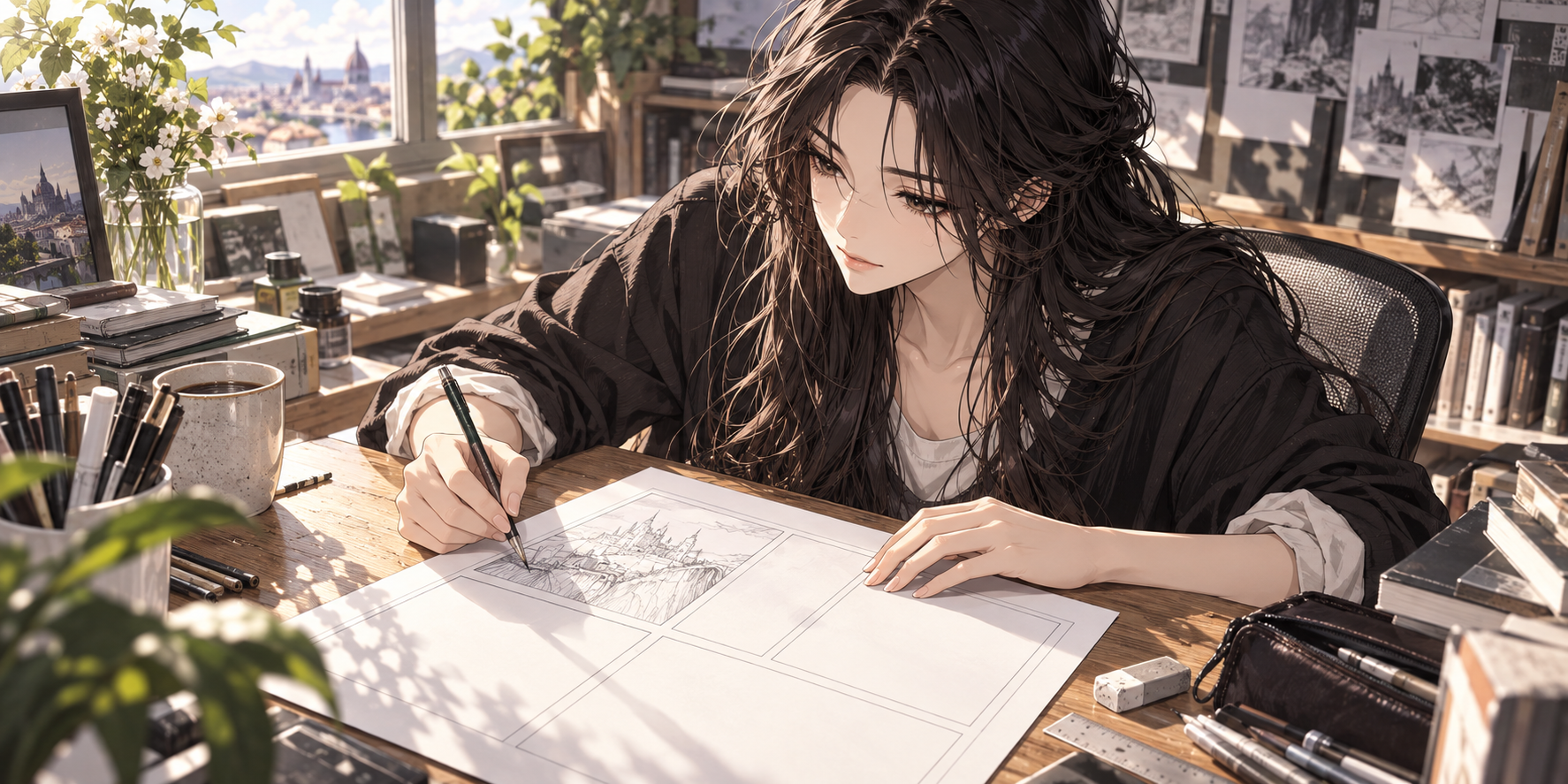 一位創作者坐在桌前持筆畫分鏡紙的第一格,其餘格子仍留白。
