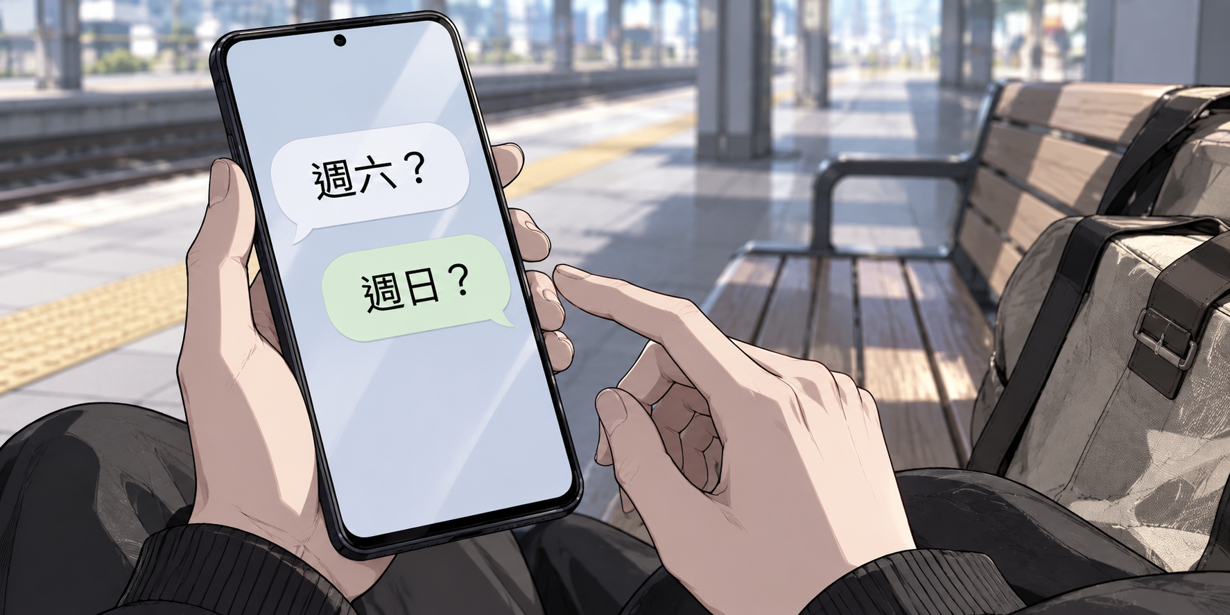 旅行袋旁，一人拿著手機，螢幕上分別顯示「週六？」和「週日？」兩則訊息。