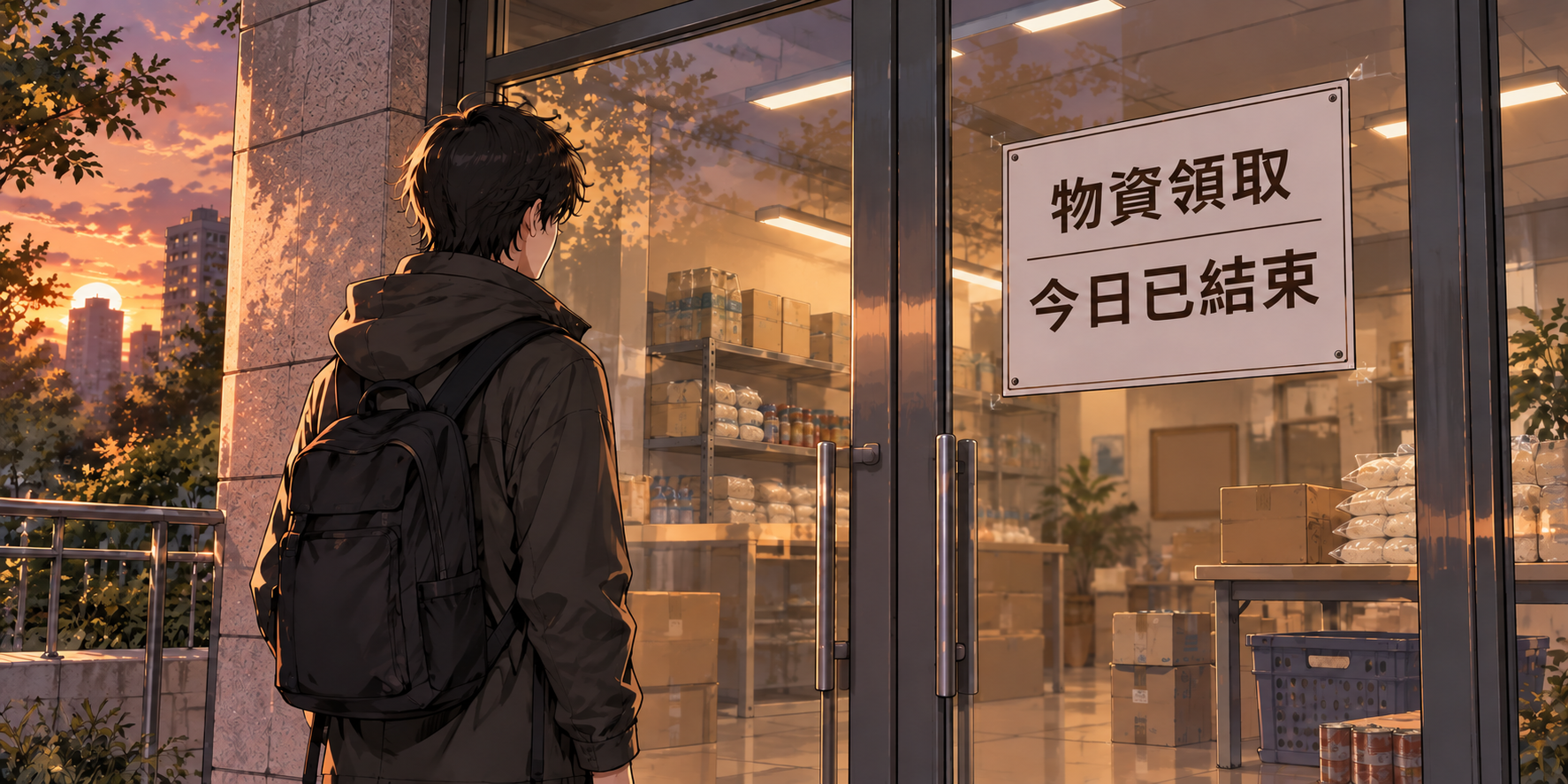 一人站在物資領取點關閉的玻璃門前,讀著「今日已結束」的公告,門內可見整齊的物資箱。