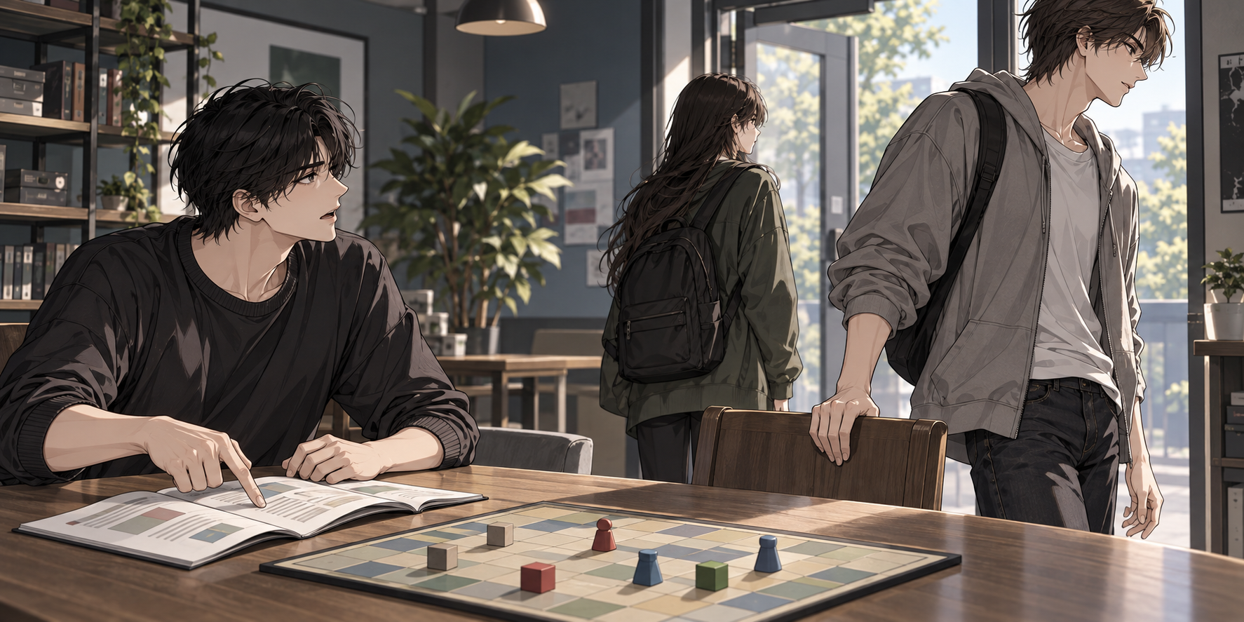 桌遊桌邊,一人坐著指向攤開的規則冊,另一人握著椅背起身轉向出口,後方第三人背著包站在門口附近。