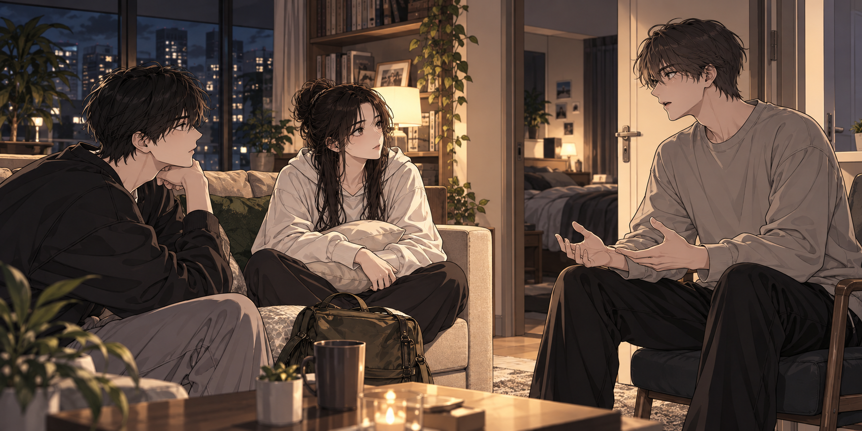 夜晚客廳裡三人圍坐,一人朝另外兩人張開雙手說明;其他人面向他聆聽,身後是開著的房門,近處放著隨身袋。