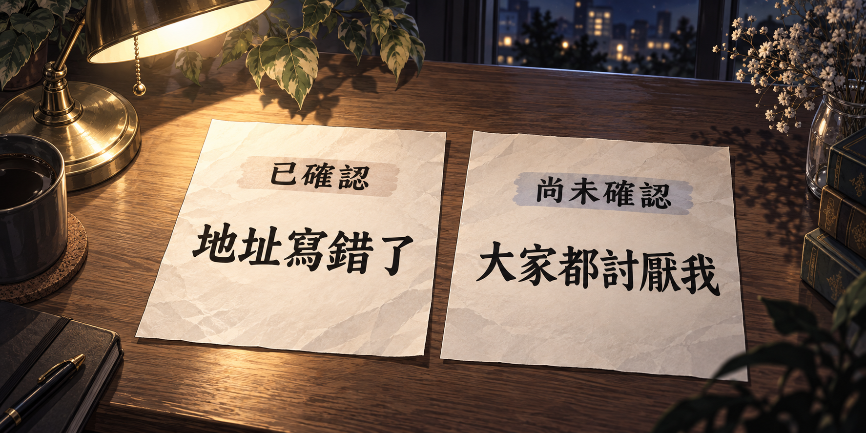 檯燈下兩張並排紙條,左張寫著已確認、地址寫錯了,右張寫著尚未確認、大家都討厭我;兩張紙之間沒有箭頭。