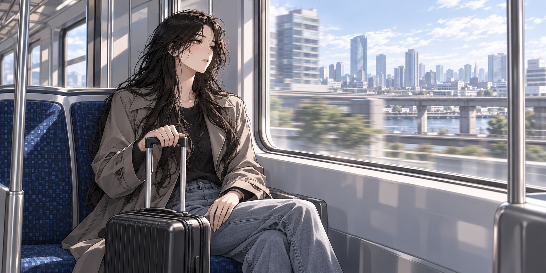 一位乘客坐在電車窗邊，一手扶著身旁行李箱的伸縮把手，另一手放在腿上，望向窗外經過的城市建築。