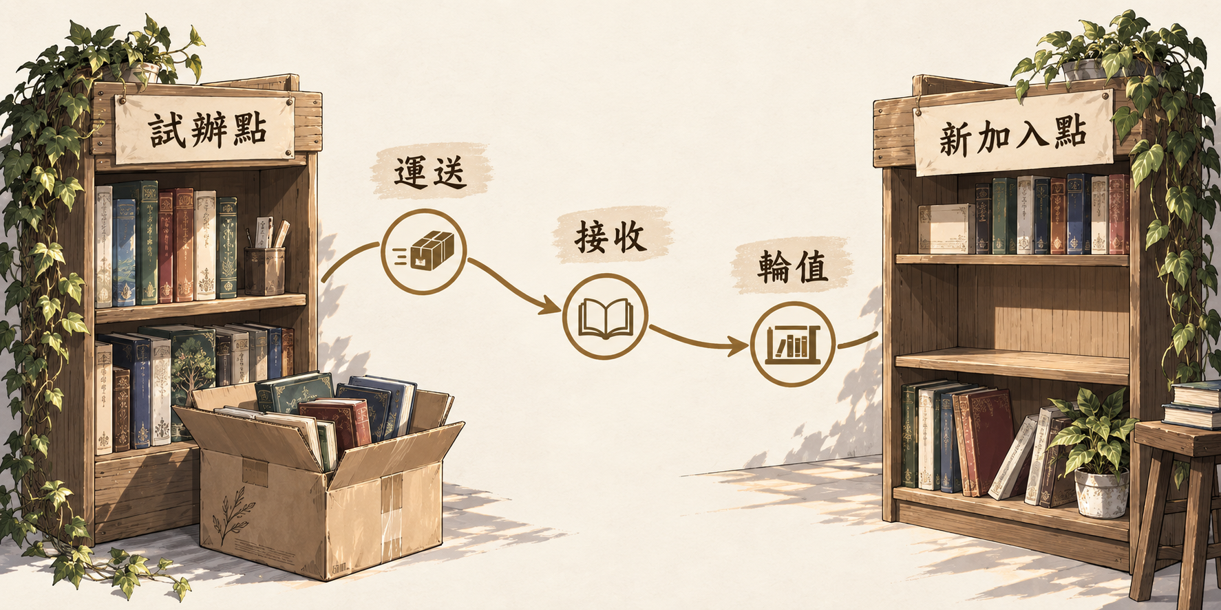 換書活動關係示意:左側試辦點的書架與書箱,經過運送、接收、輪值三項安排,連到右側新加入點的書架。