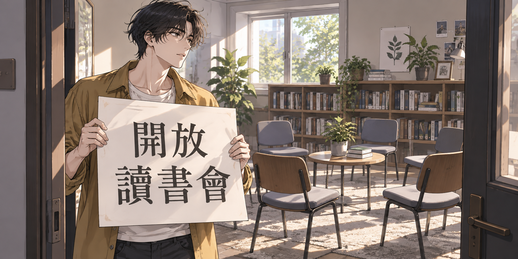一名成人站在讀書會空間入口,雙手拿著寫有「開放讀書會」的紙張,後方是圍成一圈的空椅與書架。